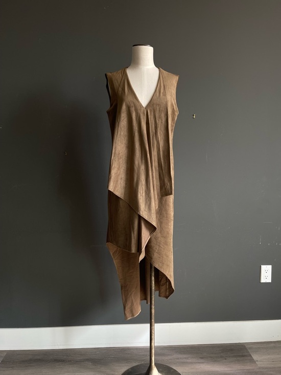 BCBGMaxAzria Dresses & Skirts - BCBG Draped Asymmetrical Dress Brown Suede Feel Minimalist Midi Modern Capsule